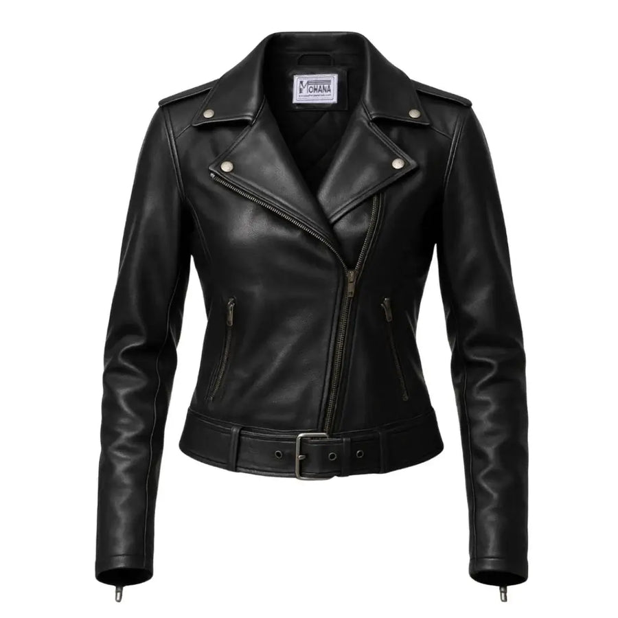 Women's Black Leather Biker Jacket – Genuine Leather | Mohana Jackets