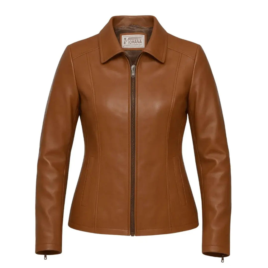 Buy Women’s Zipper Brown Leather Jacket – Modern Fit, Premium Leather