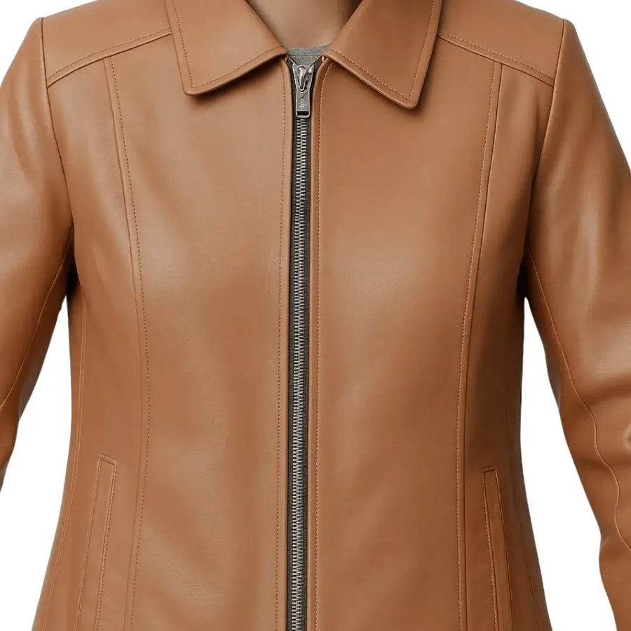 Buy Women’s Zipper Brown Leather Jacket – Modern Fit, Premium Leather