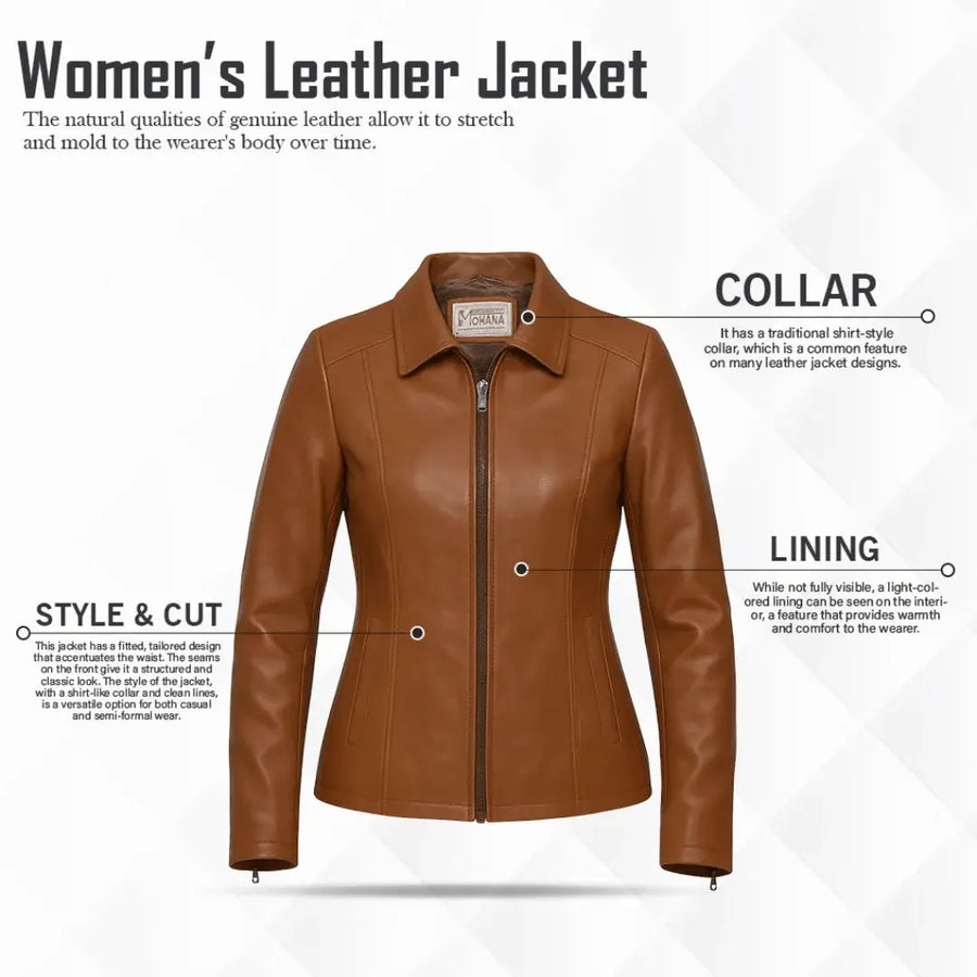 Buy Women’s Zipper Brown Leather Jacket – Modern Fit, Premium Leather