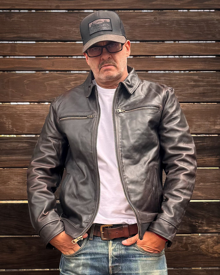 Customer wearing Mohana leather jacket