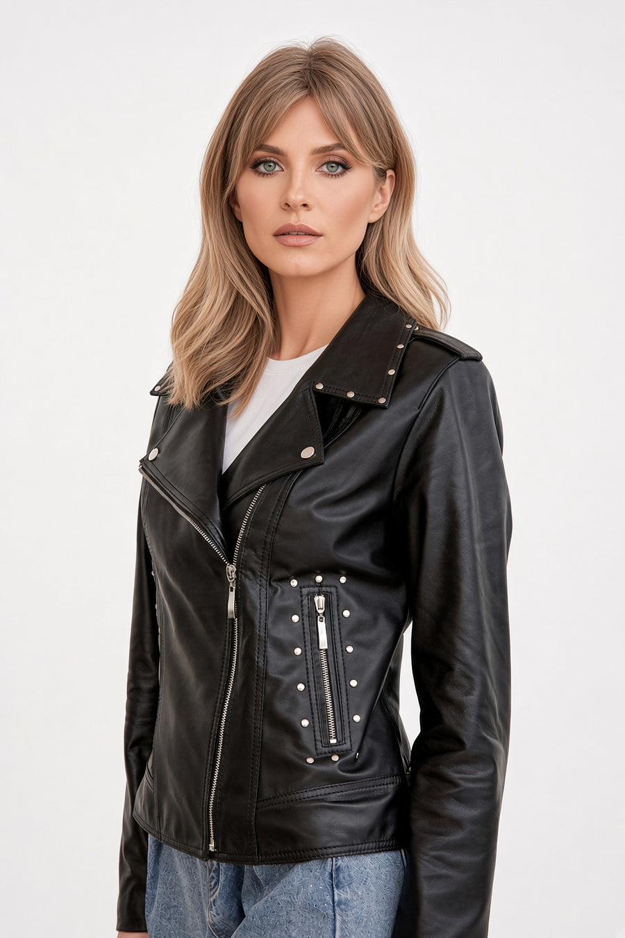 Leather biker jacket with a zip and rivet detailing