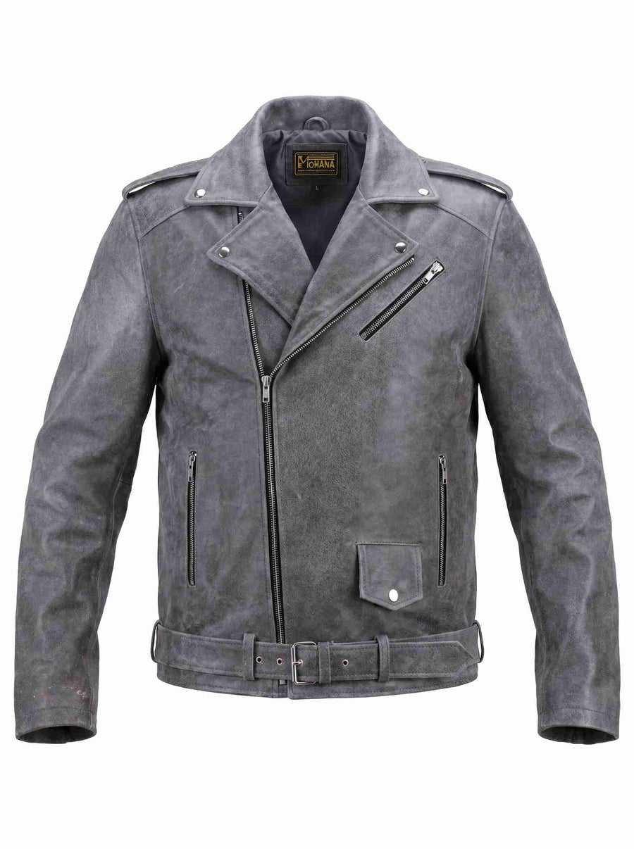 Men’s Grey Distressed Biker Leather Jacket