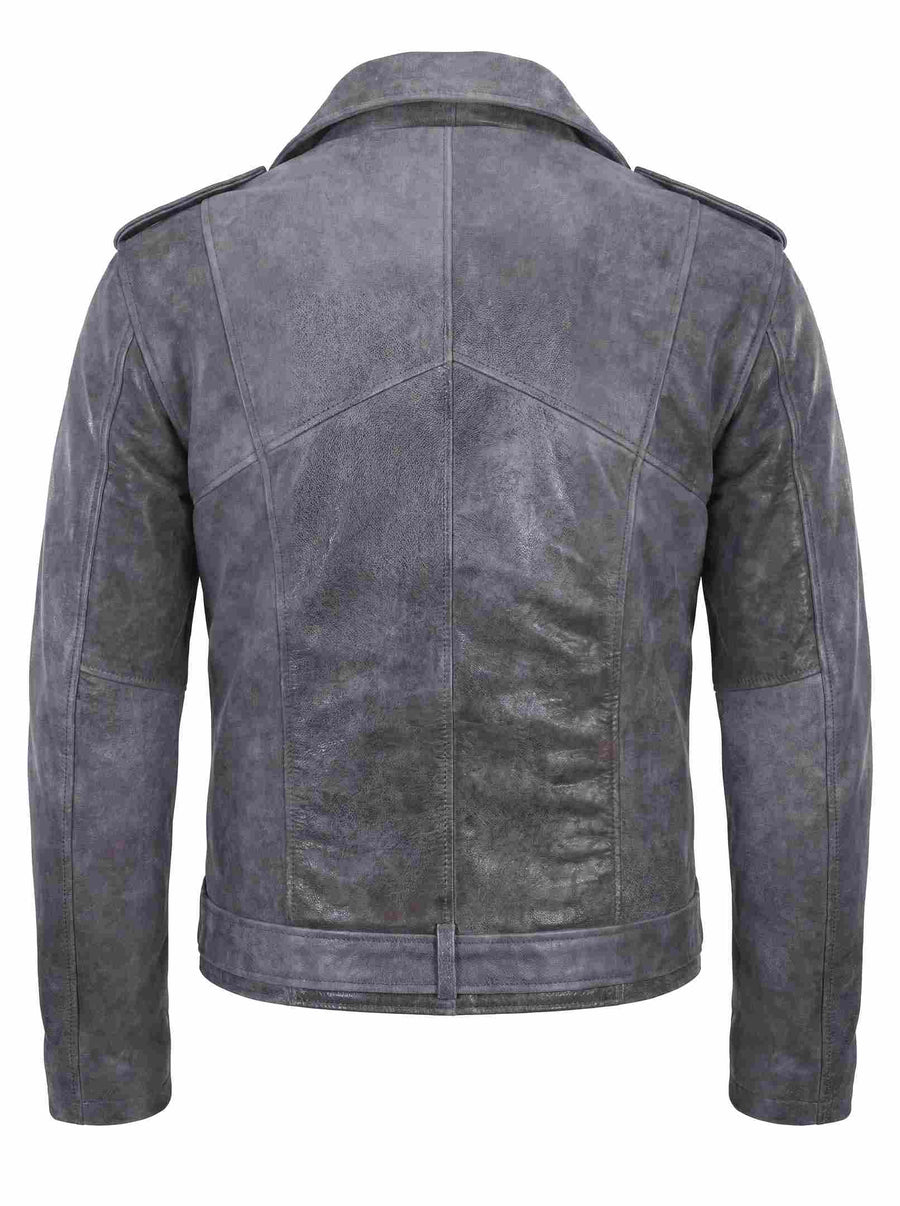 Men’s Grey Distressed Biker Leather Jacket