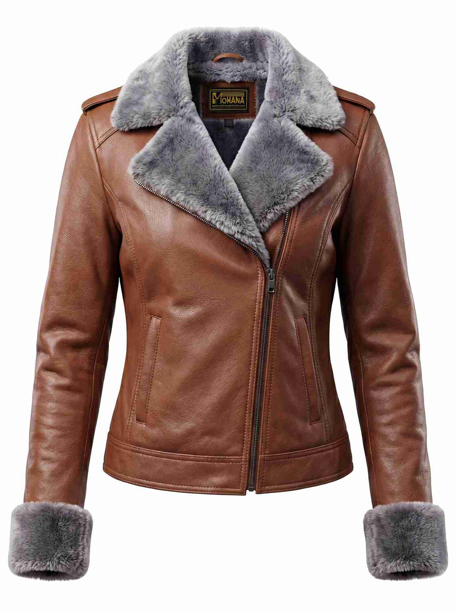 Women’s Brown Fur Collar Leather Jacket