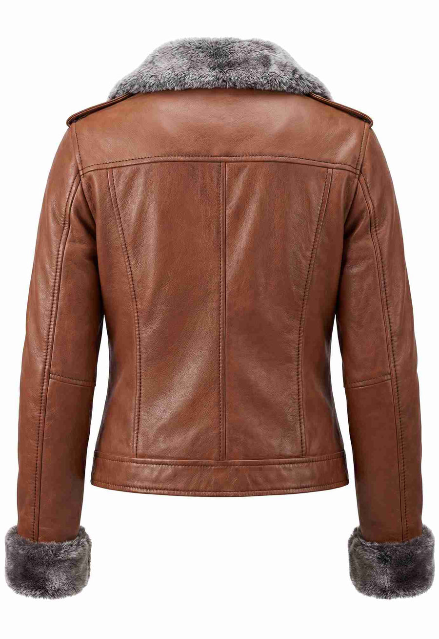 Women’s Brown Fur Collar Leather Jacket