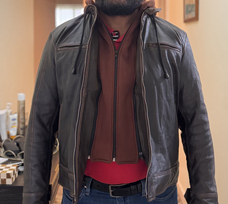 Customer wearing Mohana leather jacket