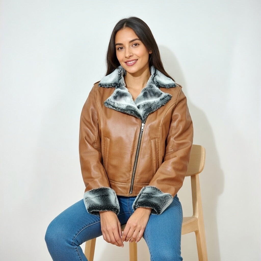 Women’s Brown Fur Collar Leather Jacket