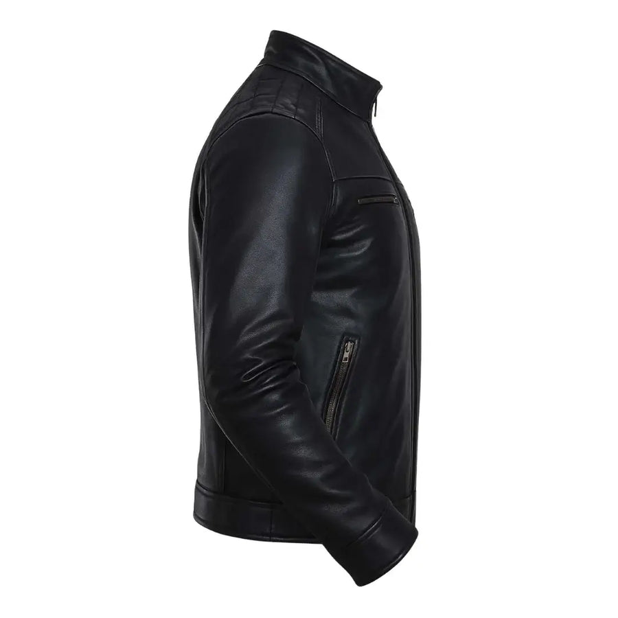 Buy Men’s Black Leather Jacket with Shoulder Pads – Rugged Protection