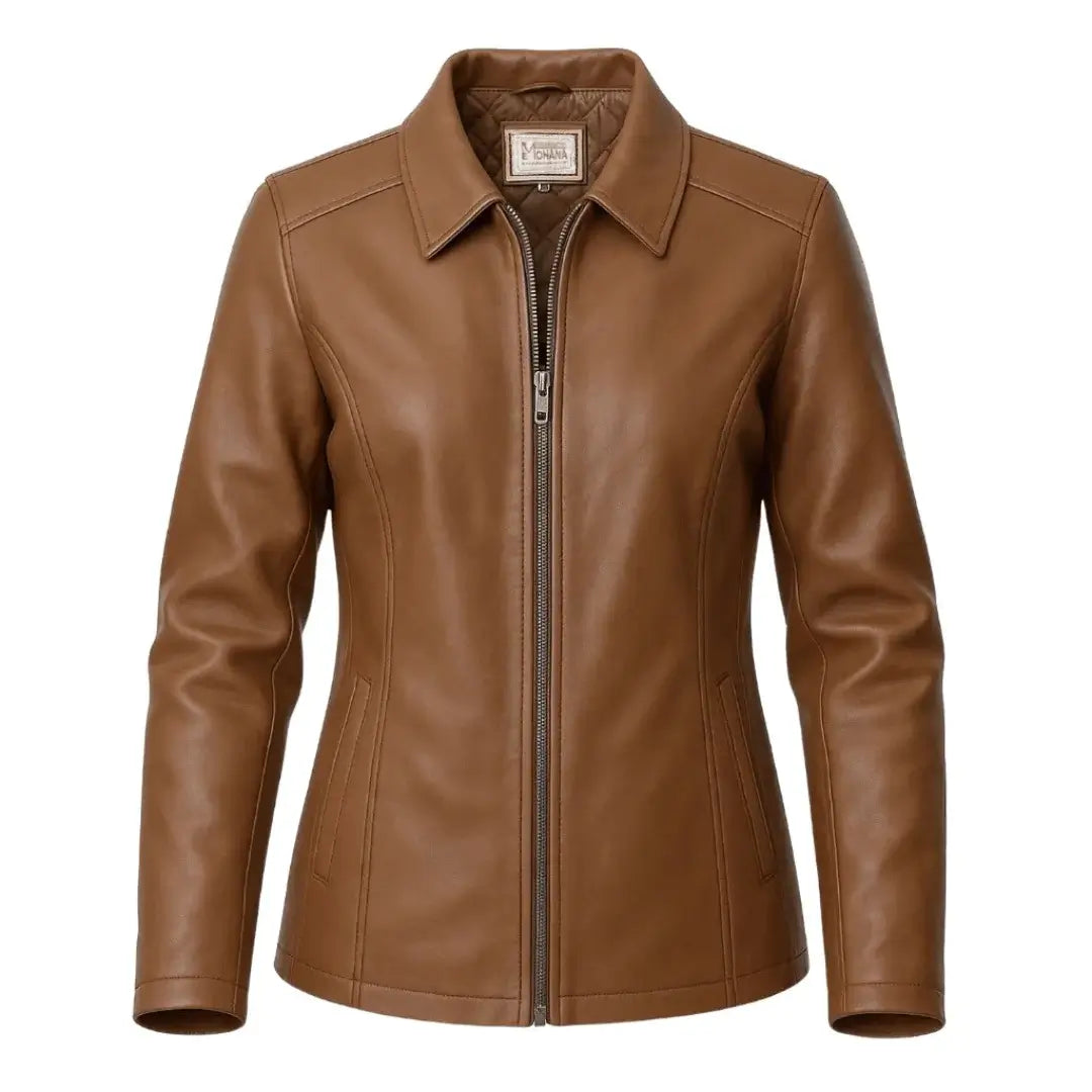 Buy Women’s Tan Leather Zipper Jacket – Tailored Fit, Premium Leather