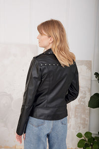 Leather biker jacket with a zip and rivet detailing