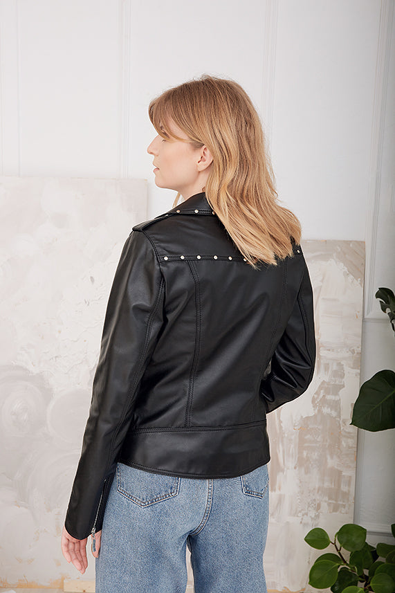 Leather biker jacket with a zip and rivet detailing