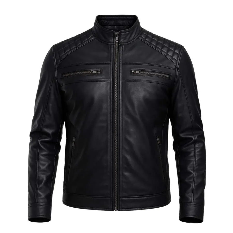 Buy Men’s Black Leather Jacket with Shoulder Pads – Rugged Protection