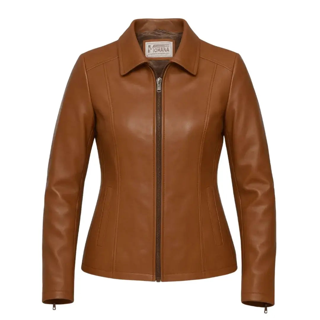 Buy Women’s Zipper Brown Leather Jacket – Modern Fit, Premium Leather