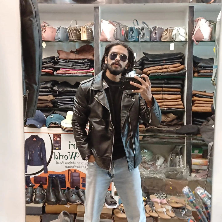 Customer wearing Mohana leather jacket