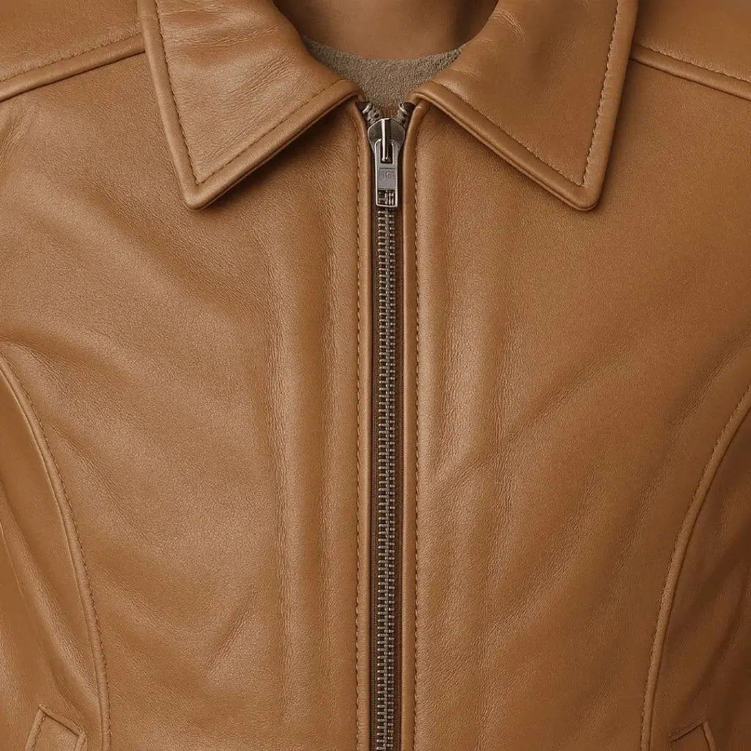 Buy Women’s Tan Leather Zipper Jacket – Tailored Fit, Premium Leather