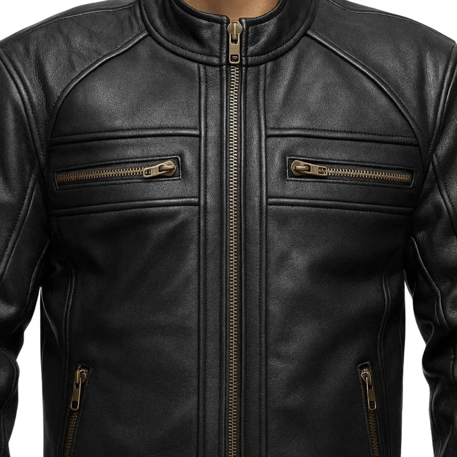 Buy Genuine Leather Men’s Biker Jacket with Shoulder Paddings & Zipper – Premium Ride-Ready