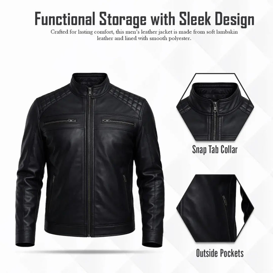Buy Men’s Black Leather Jacket with Shoulder Pads – Rugged Protection