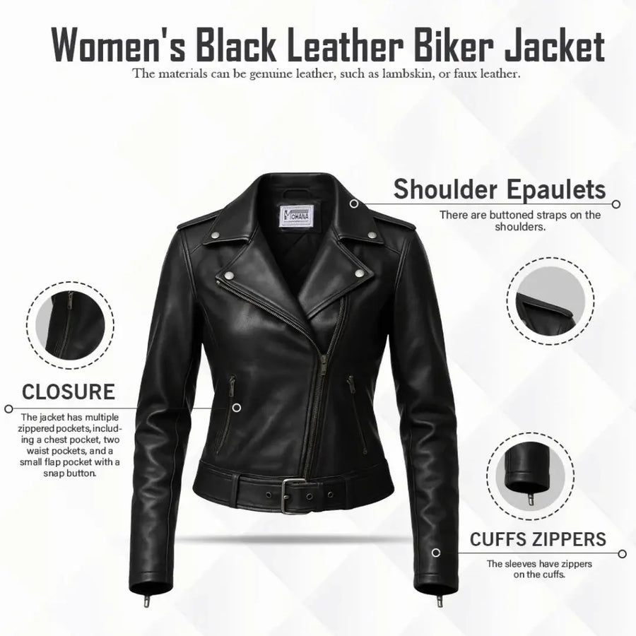 Women's Black Leather Biker Jacket – Genuine Leather | Mohana Jackets