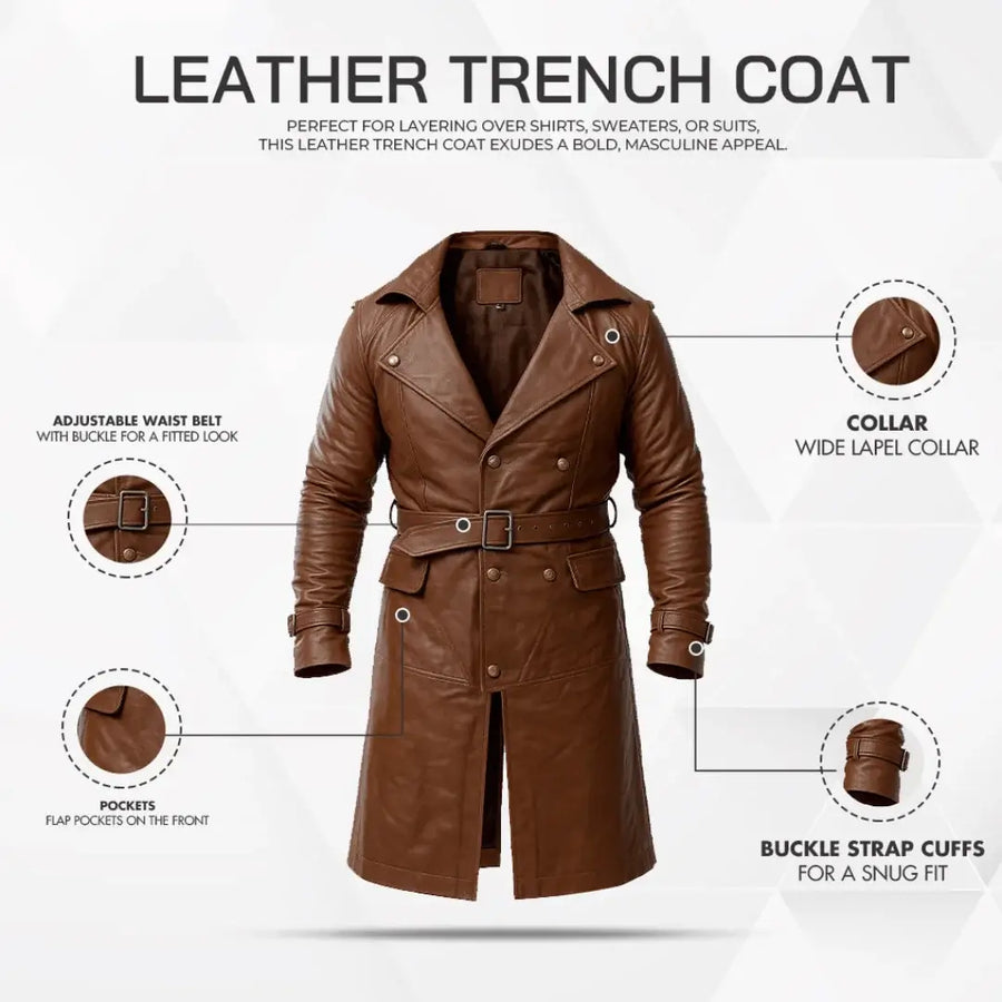Buy Men’s Winter Trench Coat Sheep Leather – Full Length Brown Overcoat
