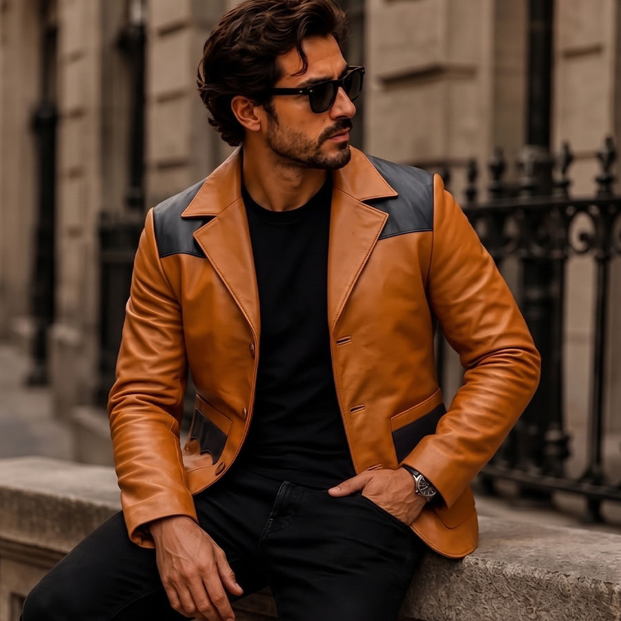 Buy Men’s Western Leather Blazer – Genuine Brown & Blue Leather Jacket