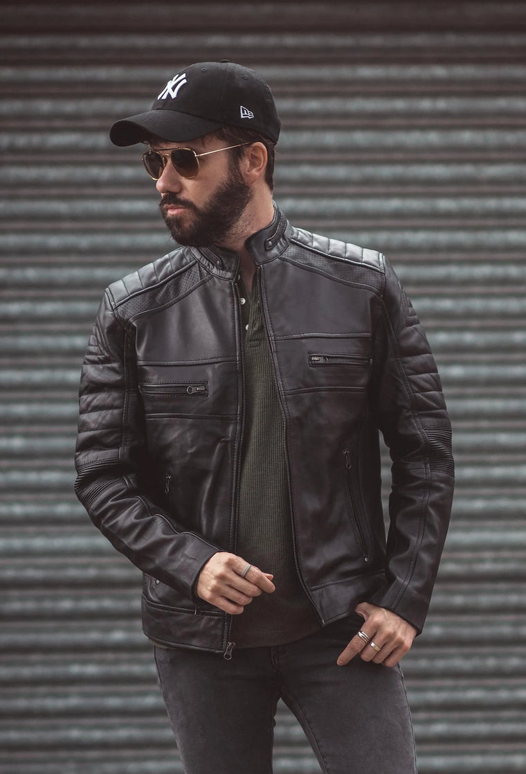 Customer wearing Mohana leather jacket