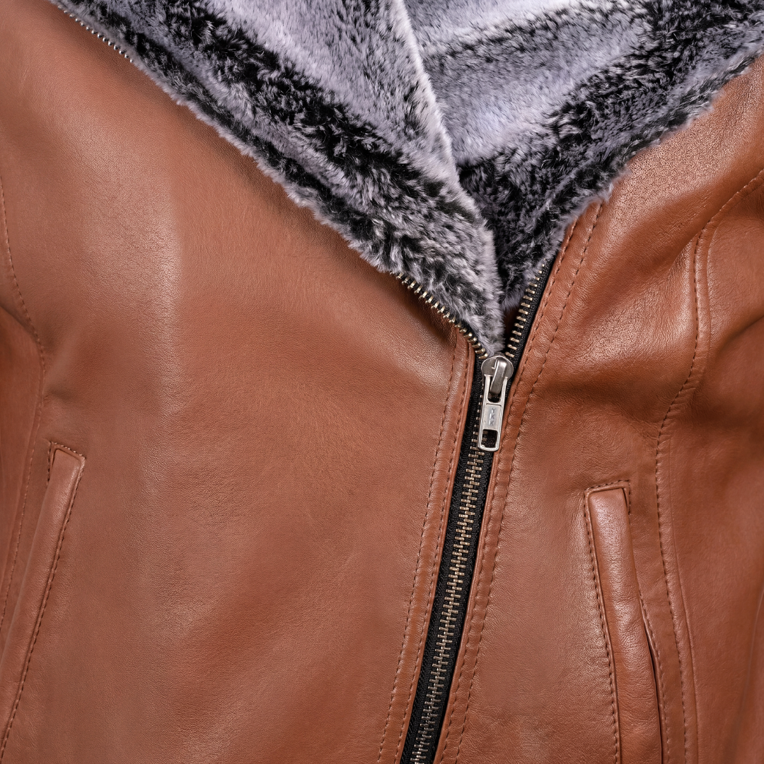 Women’s Brown Fur Collar Leather Jacket