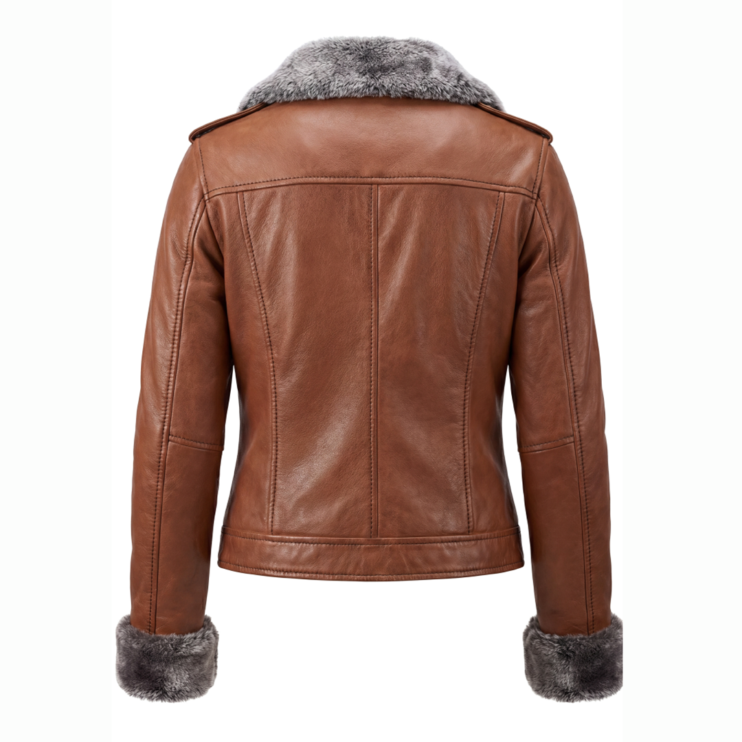 Women’s Brown Fur Collar Leather Jacket