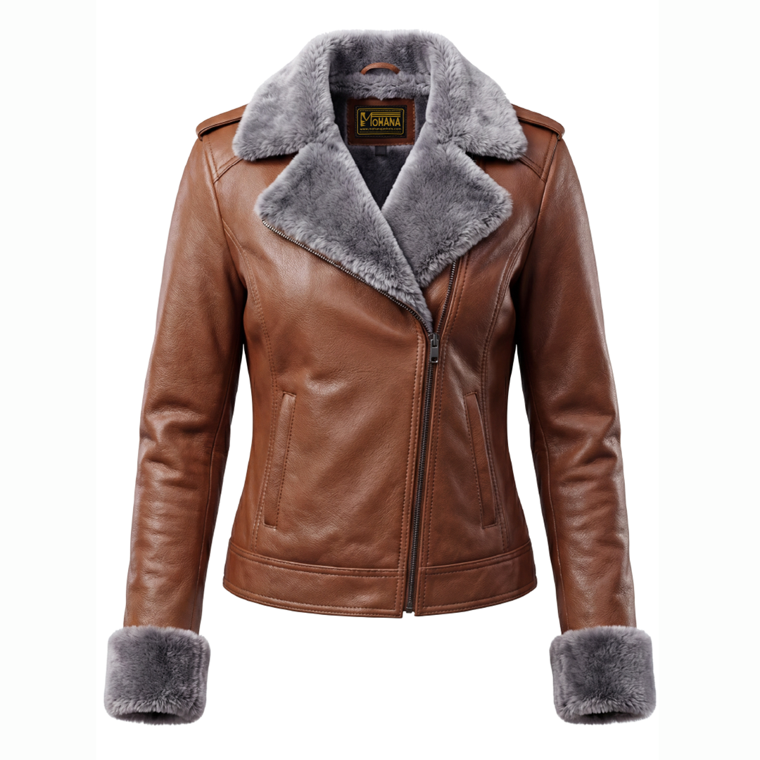 Women’s Brown Fur Collar Leather Jacket