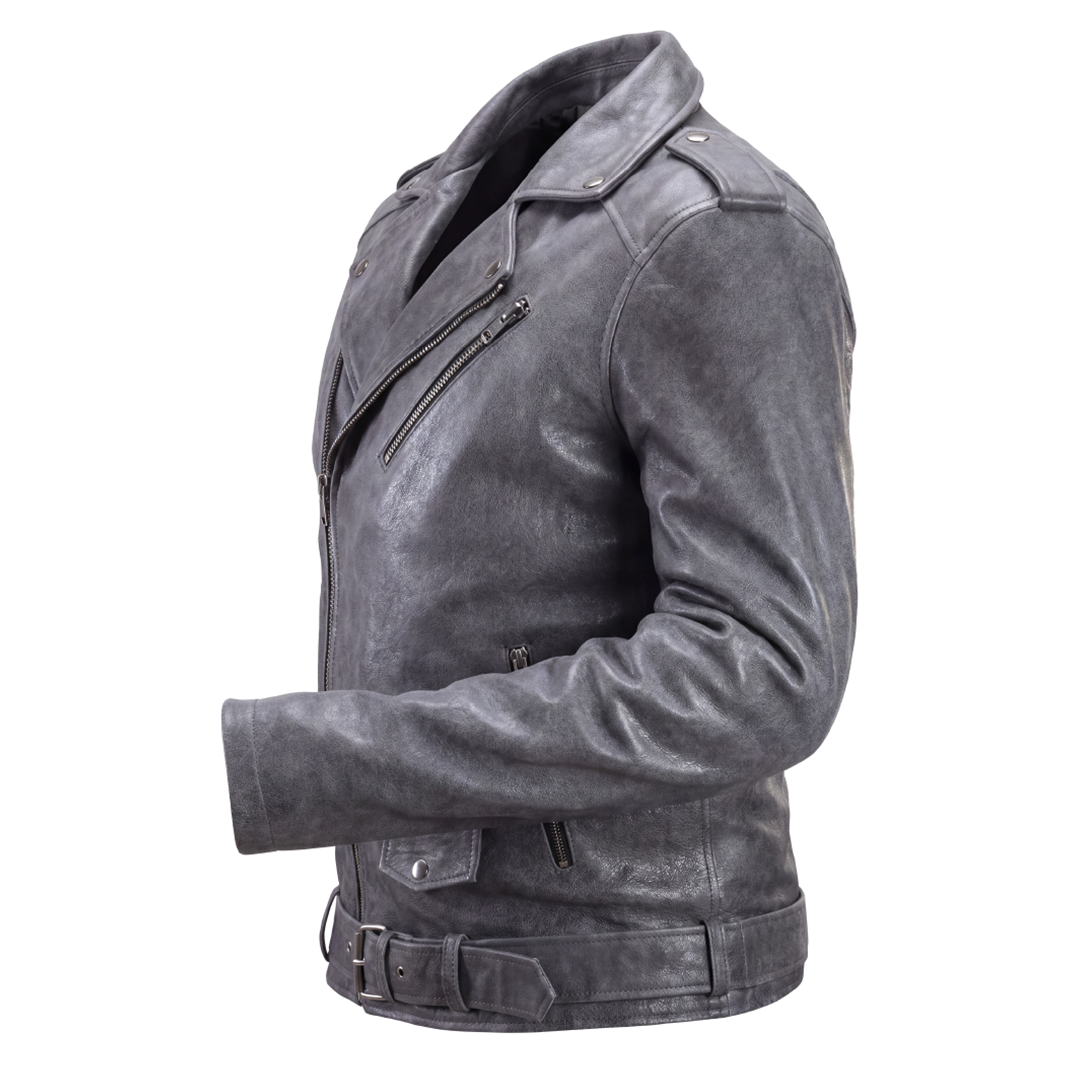 Men’s Grey Distressed Biker Leather Jacket