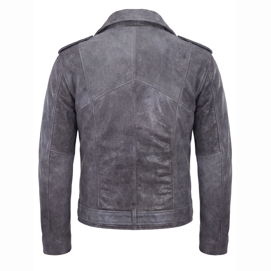 Men’s Grey Distressed Biker Leather Jacket