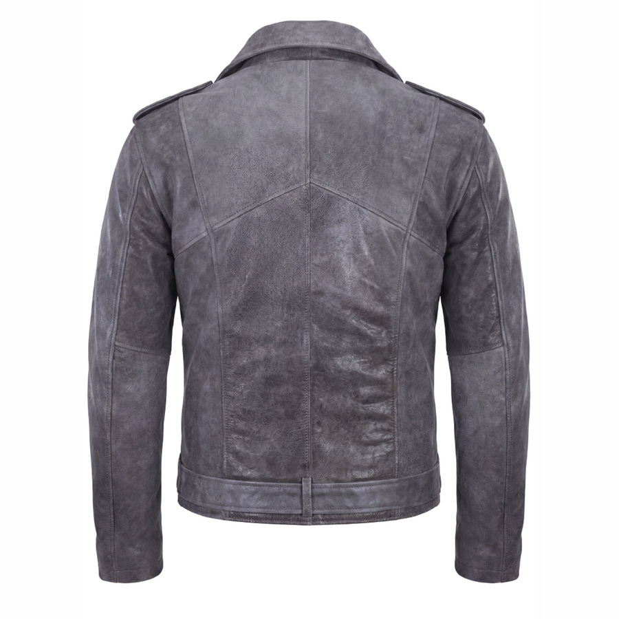 Men’s Grey Distressed Biker Leather Jacket