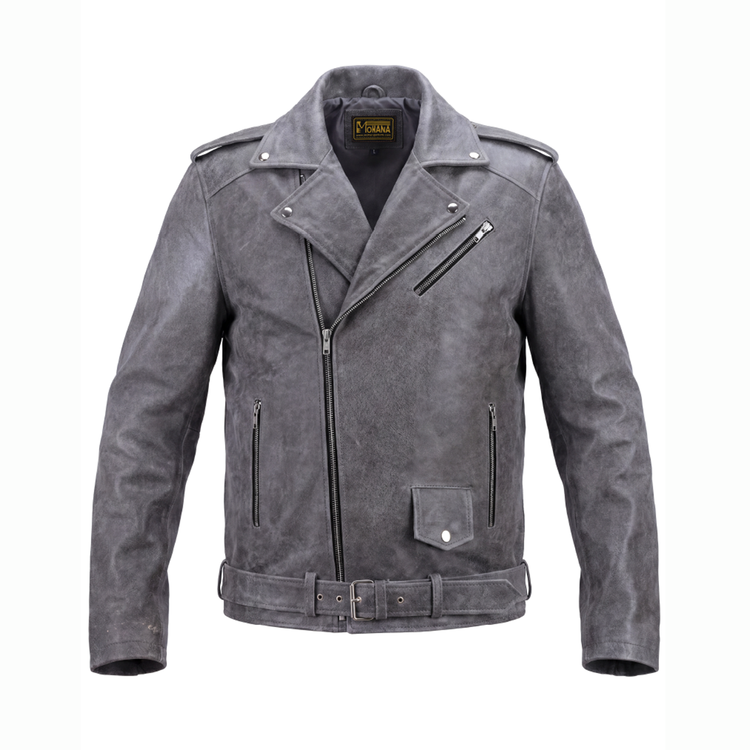 Men’s Grey Distressed Biker Leather Jacket