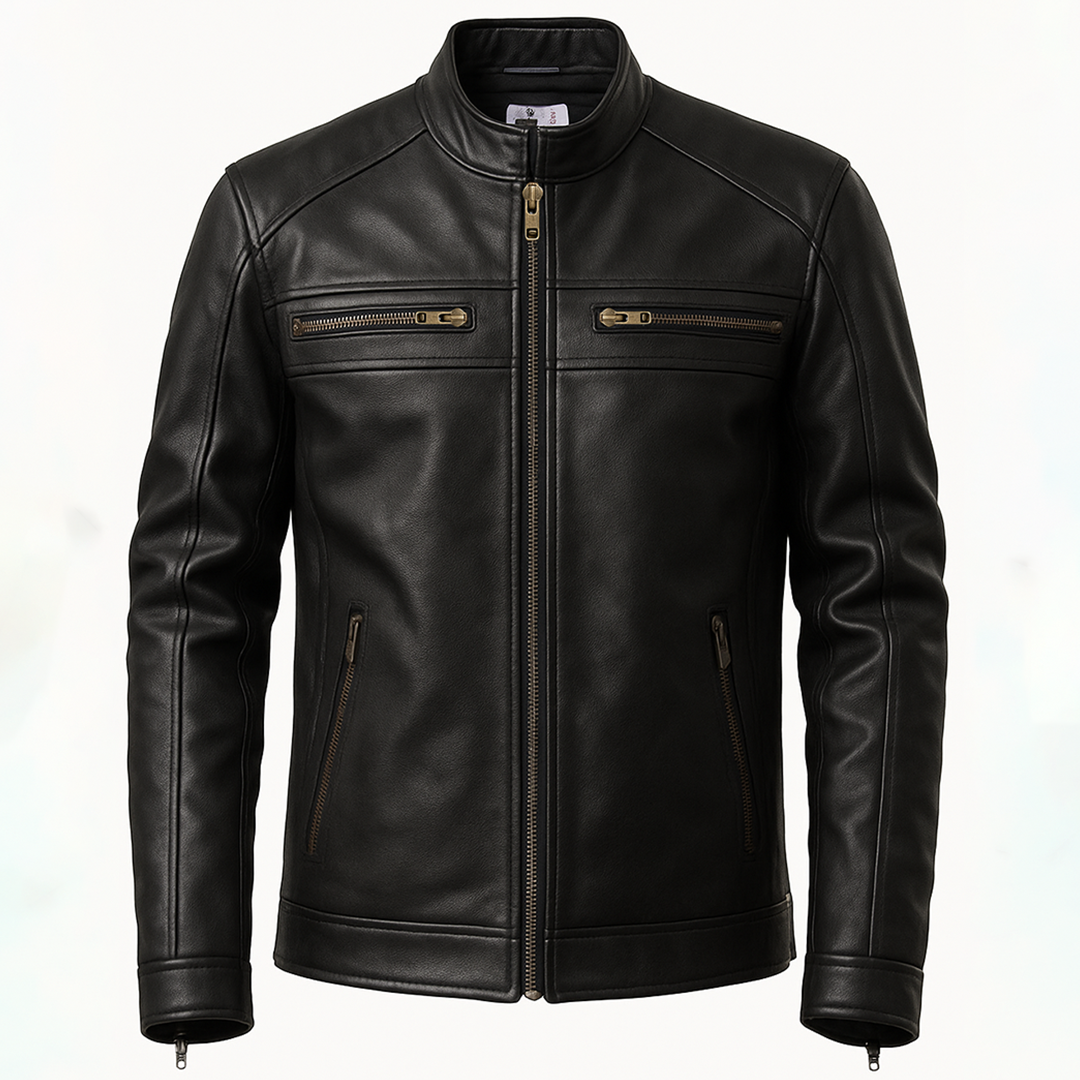 Buy Genuine Leather Men’s Biker Jacket with Shoulder Paddings & Zipper – Premium Ride-Ready