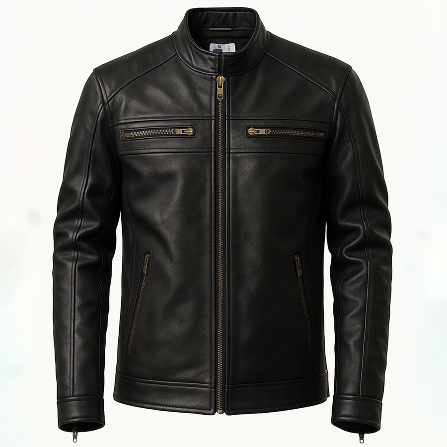 Buy Genuine Leather Men’s Biker Jacket with Shoulder Paddings & Zipper – Premium Ride-Ready
