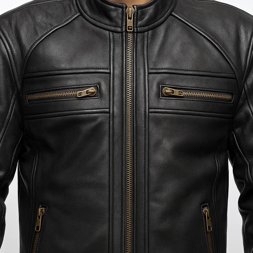 Buy Genuine Leather Men’s Biker Jacket with Shoulder Paddings & Zipper – Premium Ride-Ready