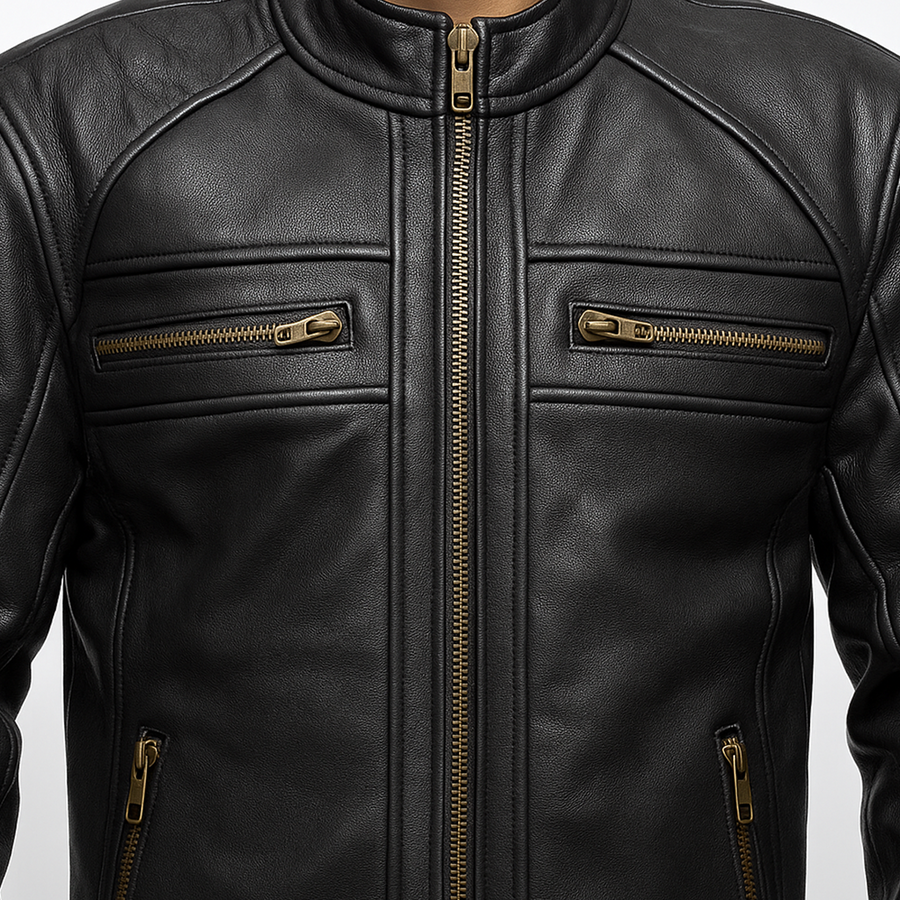 Buy Genuine Leather Men’s Biker Jacket with Shoulder Paddings & Zipper – Premium Ride-Ready