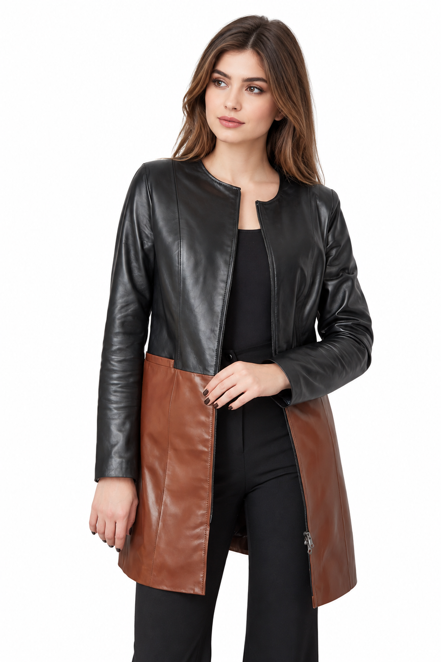 Leather coat with zipper