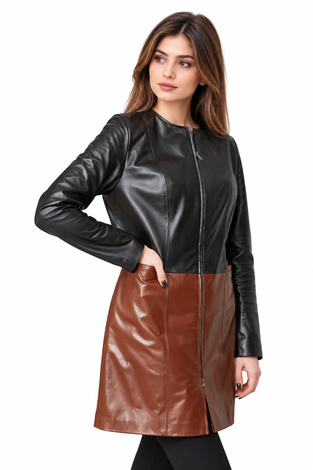 Leather coat with zipper