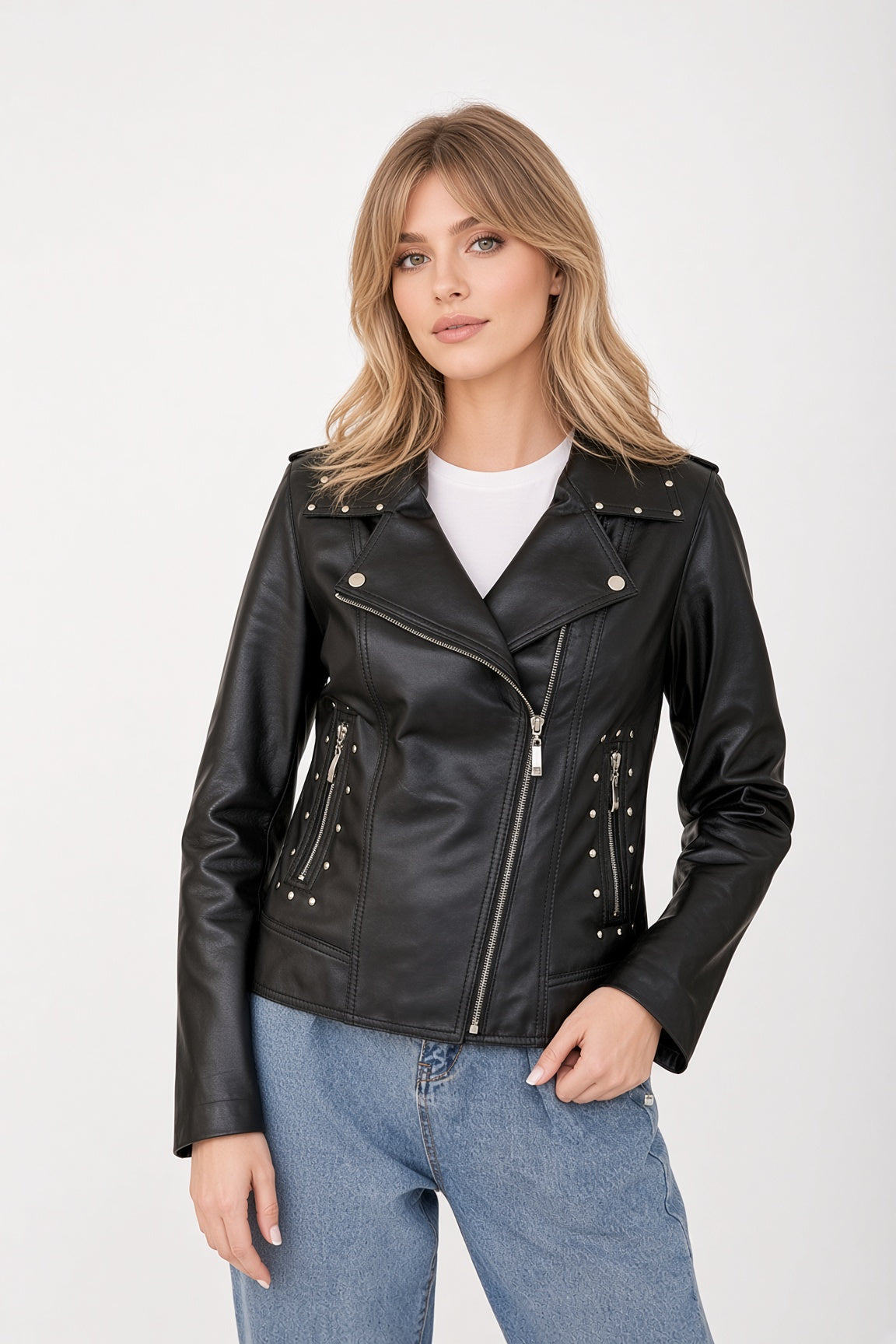 Leather biker jacket with a zip and rivet detailing