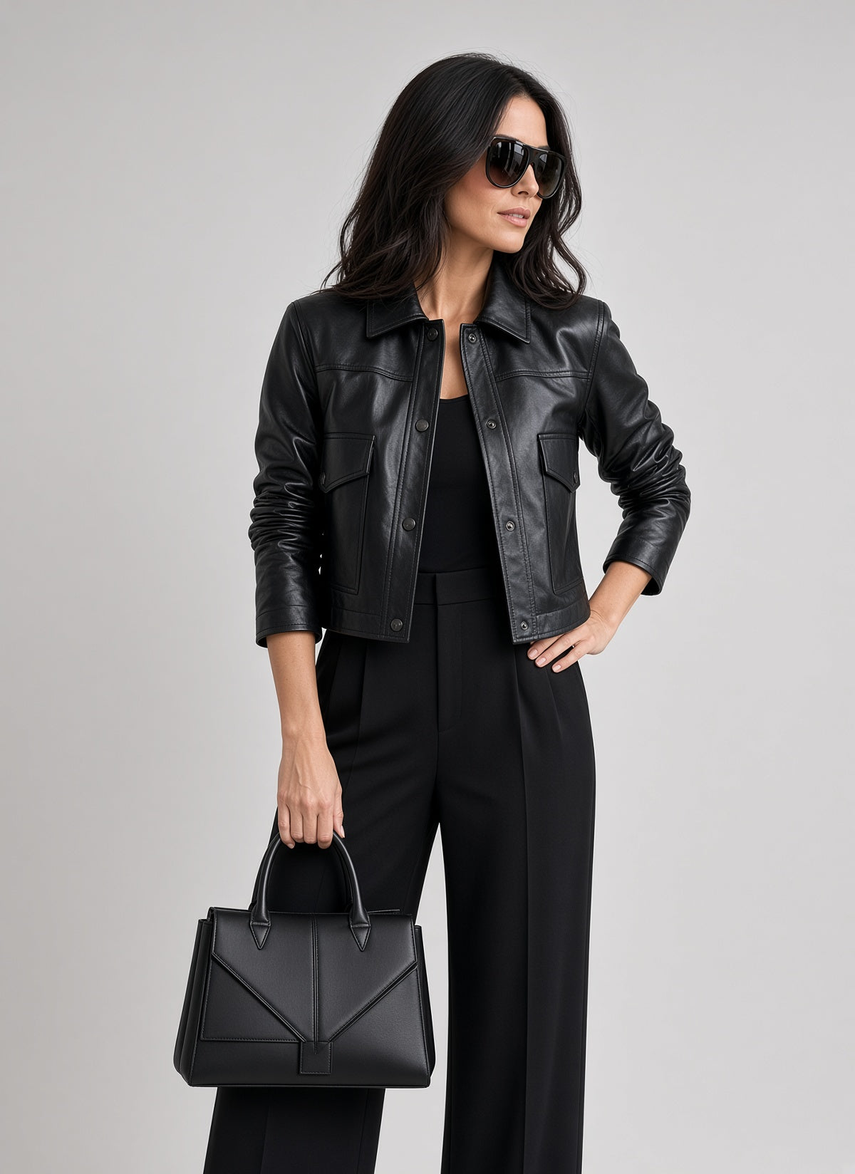 Women's leather jacket with snaps