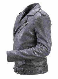 Men’s Grey Distressed Biker Leather Jacket
