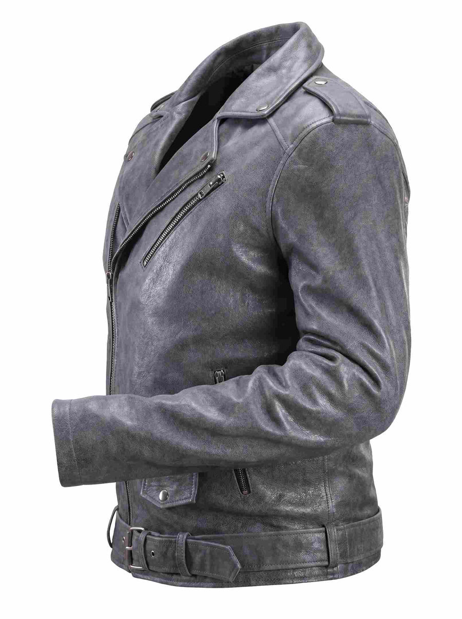 Men’s Grey Distressed Biker Leather Jacket
