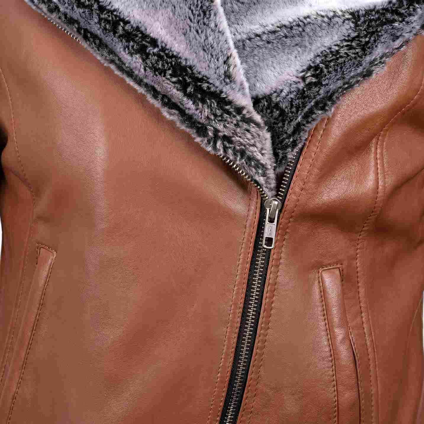 Women’s Brown Fur Collar Leather Jacket